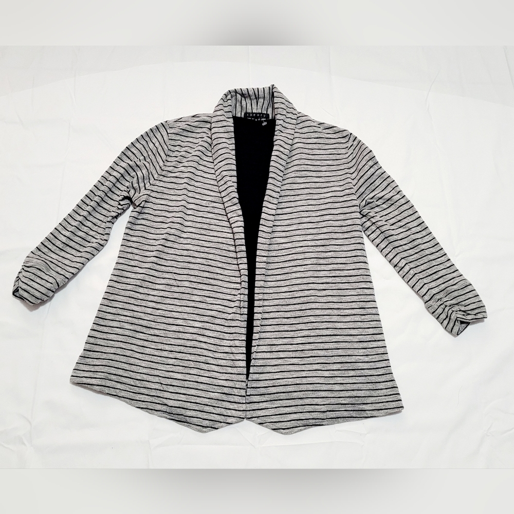THEORY Women's Open Front Cardigan Blouse Black and Gray Striped Size M